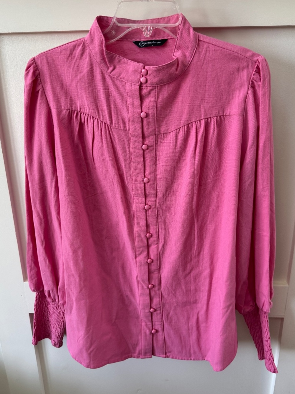 PRETTYGARDEN Pink Button Front Smocked Cuff Blouse Size L